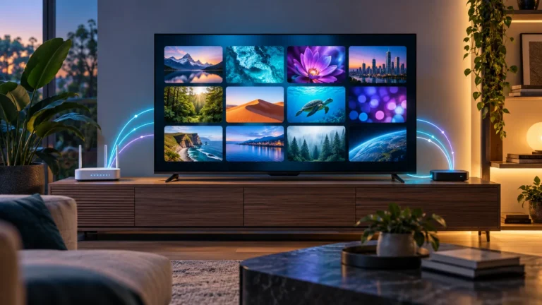 Télévision IP sur une Smart TV reliée à un routeur et à un boîtier connecté
